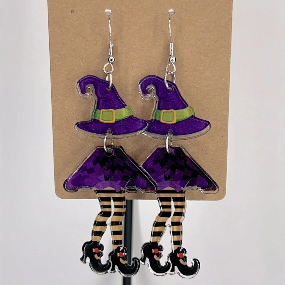 Chic Witch Leg Dangle Acrylic Earrings - Double-Sided Fashion Jewelry